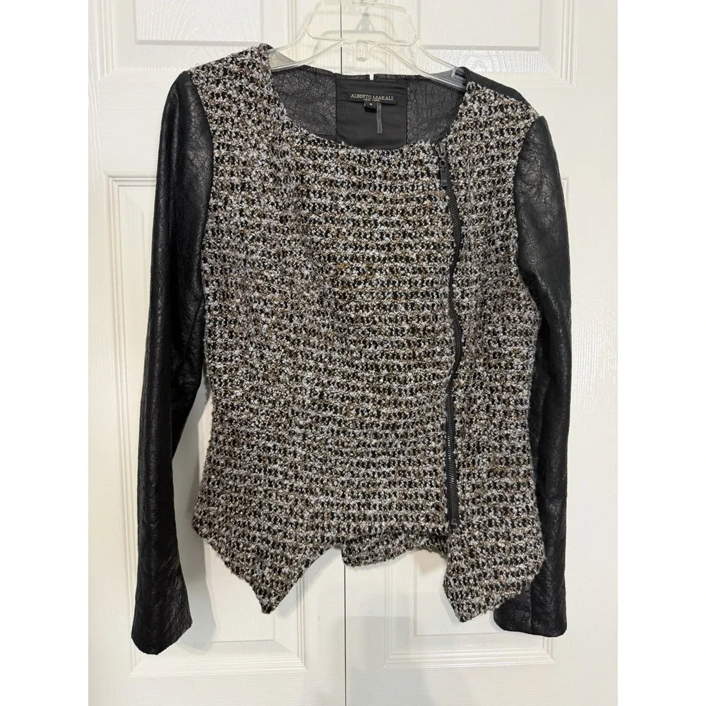 Alberto Makali Women's Vintage Tweed Jacket With Faux Leather Sleeves Size S